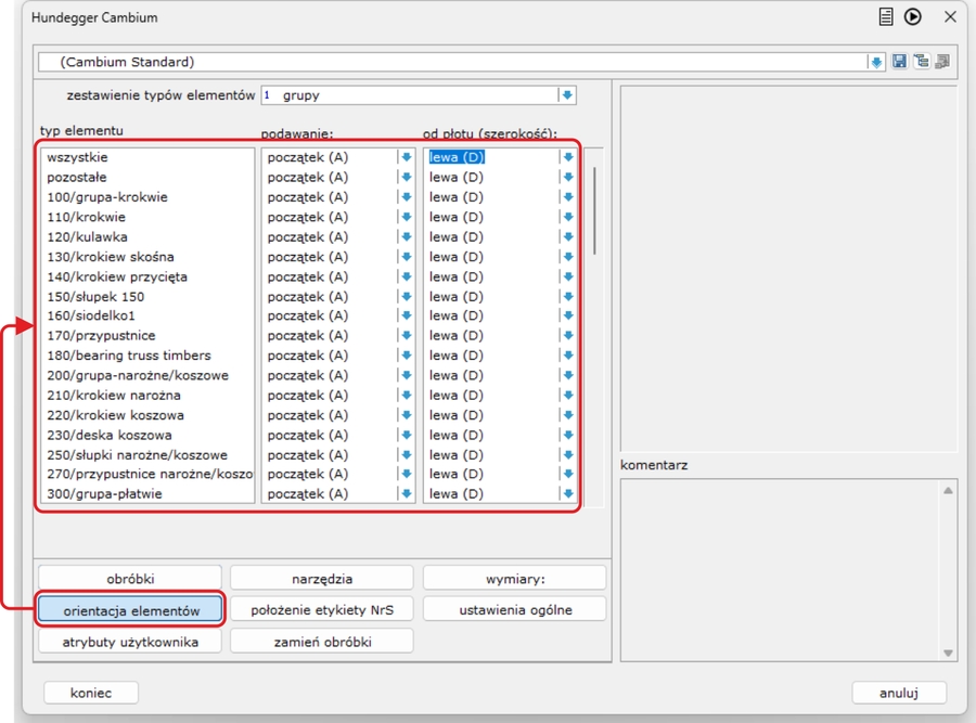 Typ belki - kontrola orientacji belki na maszynie