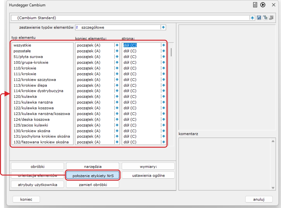 Typ belki - kontrola orientacji etykiety belki na maszynie